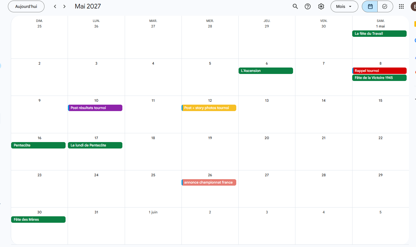 Planning type mois chargé